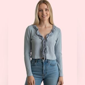 530. Ruffle Bow tie Cardigan Blue